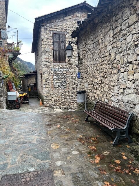 Ruelle pavée et murs en pierre dans le village de Touët-sur-Var<br />
