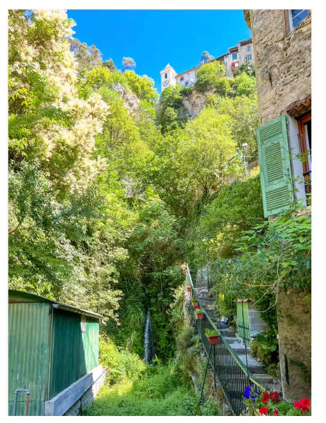 Sentier paisible à Touët-sur-Var, escalier en pierre bordé de végétation, menant au cœur du village.